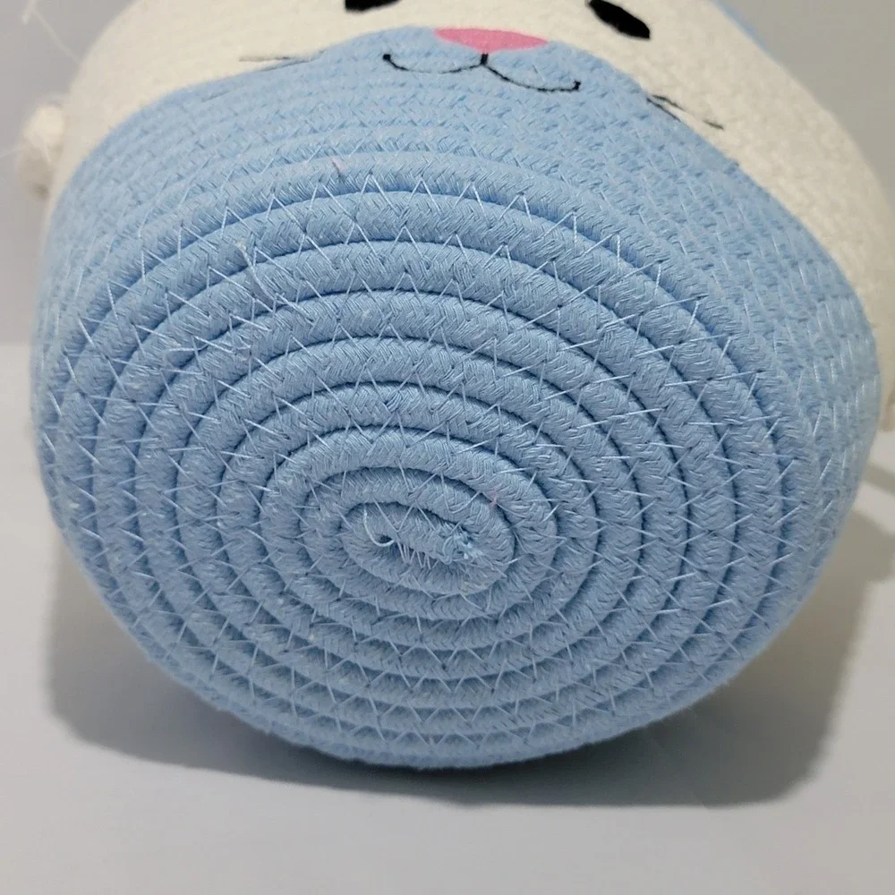 Blue and White Bunny Easter Basket Woven Cotton Rope Rabbit Pail with Ears